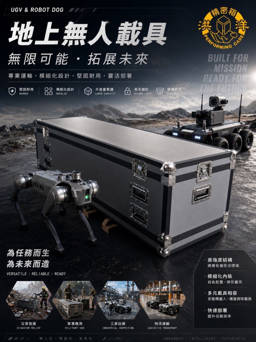 洪洋精密設備箱：UGV 與機器狗專用攜行箱，台灣製造非紅供應鏈，提供地上無人載具高強度運輸防護